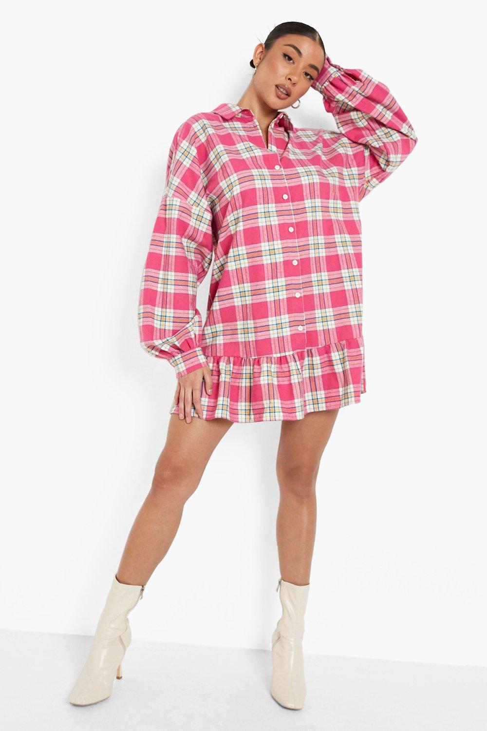 Oversized Frill Hem Flannel Shirt Dress | boohoo